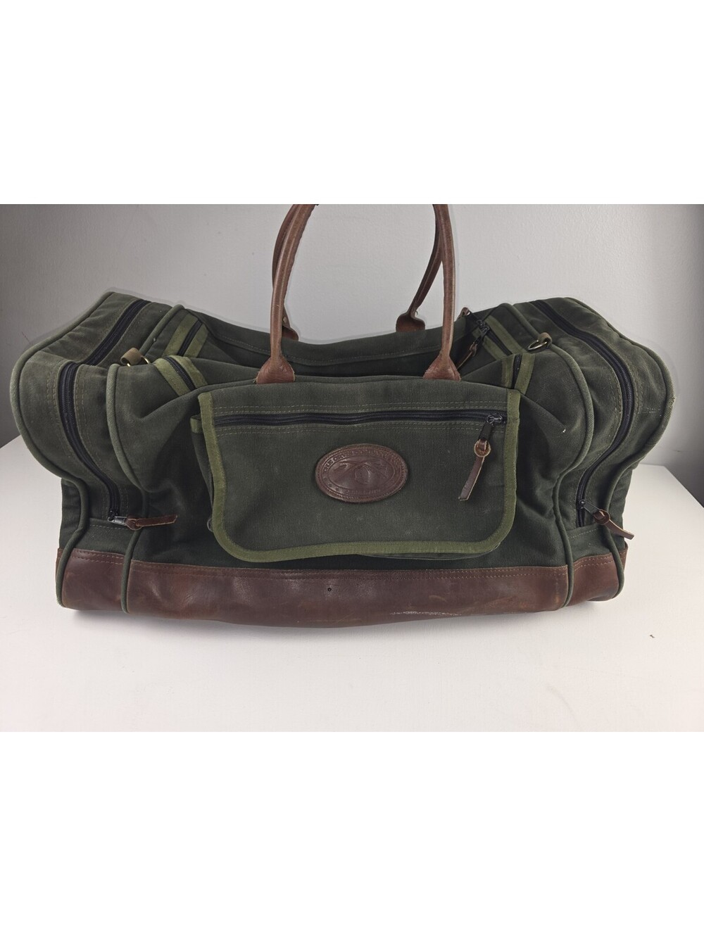Vintage Orvis Battenkill Green Canvas & Brown Leather Duffle Bag ~22x10x10 Tear